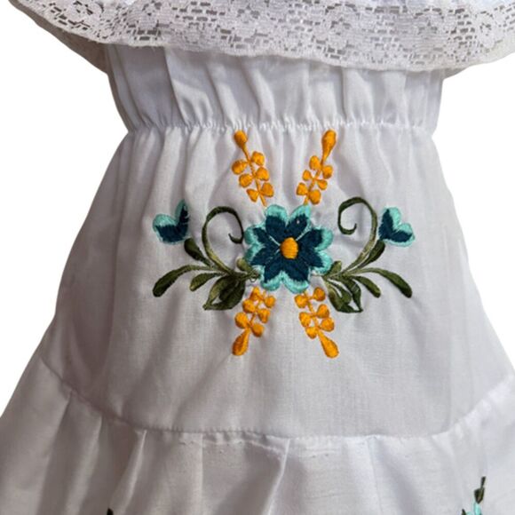 White Mexican Floral Embroidered Ruffle Dress Size 1 - Picture 6 of 9